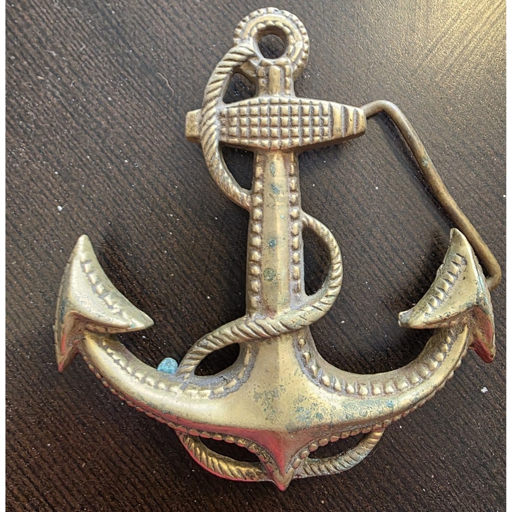 Vintage Solid Brass Anchor Belt Buckle Nautical Maritime Rope Design Patina